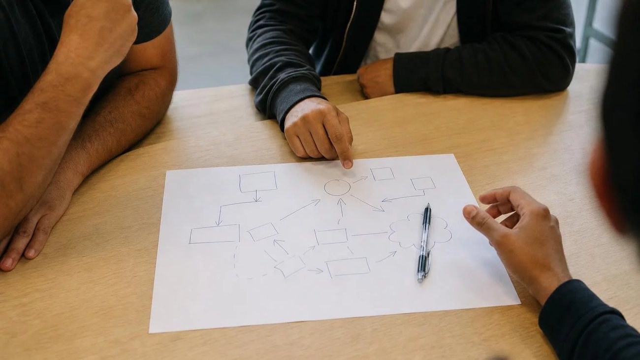 Grupo pequeno lendo argumentos impressos em volta de uma mesa